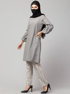 Grey Cotton Tunic With Striped Cotton Trouser Co-ord Set 3