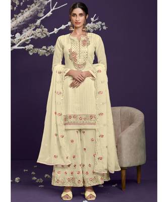 Off White Georgette Semi Stitched Salwar Suits 1