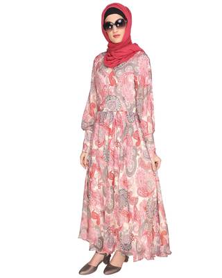 Pink  digital print chiffon abaya 1