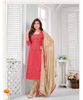 carrot red embroidery zarna silk unstitch churidar suits churidar salwar suits 1