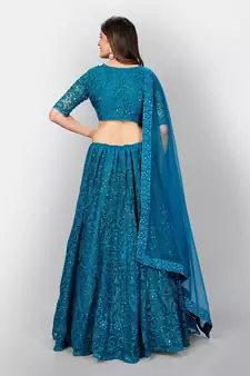 Dark aqua Coloured Semi Stitched Lehenga & Unstitched Blouse with Dupatta