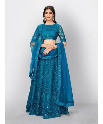Dark aqua Coloured Semi Stitched Lehenga & Unstitched Blouse with Dupatta 3