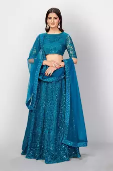 Dark aqua Coloured Semi Stitched Lehenga & Unstitched Blouse with Dupatta