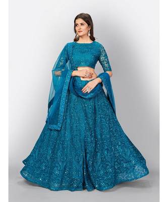 Dark aqua Coloured Semi Stitched Lehenga & Unstitched Blouse with Dupatta 1