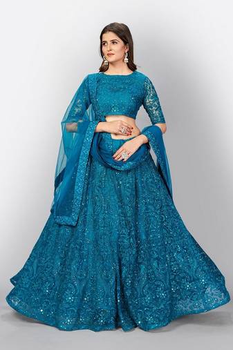 Dark aqua Coloured Semi Stitched Lehenga & Unstitched Blouse with Dupatta