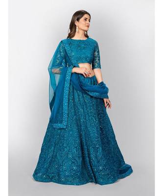 Dark aqua Coloured Semi Stitched Lehenga & Unstitched Blouse with Dupatta 4