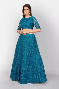 Dark aqua Coloured Semi Stitched Lehenga & Unstitched Blouse with Dupatta