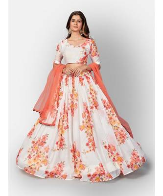 White Coloured Semi Stitched Lehenga & Unstitched Blouse with Dupatta 3
