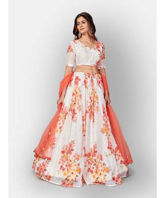 White Coloured Semi Stitched Lehenga & Unstitched Blouse with Dupatta 4