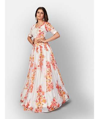 White Coloured Semi Stitched Lehenga & Unstitched Blouse with Dupatta 5