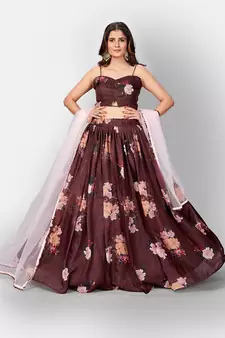 Brown Coloured Semi Stitched Lehenga & Unstitched Blouse with Dupatta