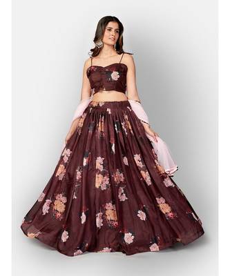 Brown Coloured Semi Stitched Lehenga & Unstitched Blouse with Dupatta 4