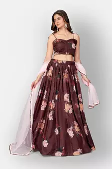 Brown Coloured Semi Stitched Lehenga & Unstitched Blouse with Dupatta