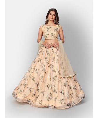 Cream Coloured Semi Stitched Lehenga & Unstitched Blouse with Dupatta 3