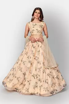 Cream Coloured Semi Stitched Lehenga & Unstitched Blouse with Dupatta
