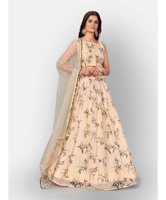 Cream Coloured Semi Stitched Lehenga & Unstitched Blouse with Dupatta 4