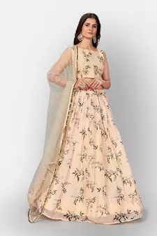 Cream Coloured Semi Stitched Lehenga & Unstitched Blouse with Dupatta