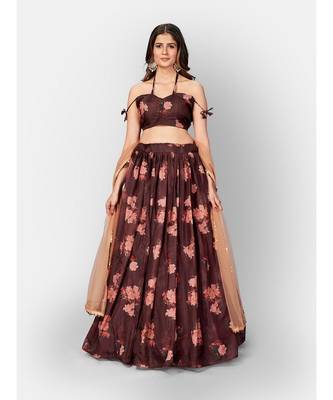 Brown Coloured Semi Stitched Lehenga & Unstitched Blouse with Dupatta 1