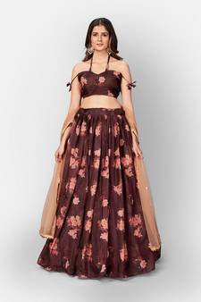 Brown Coloured Semi Stitched Lehenga & Unstitched Blouse with Dupatta