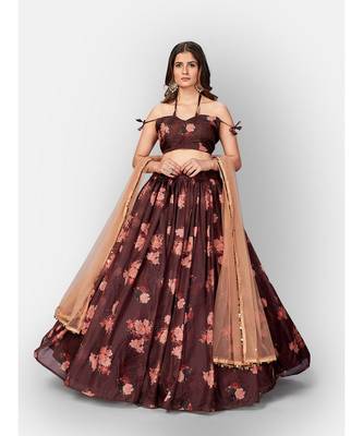 Brown Coloured Semi Stitched Lehenga & Unstitched Blouse with Dupatta 3