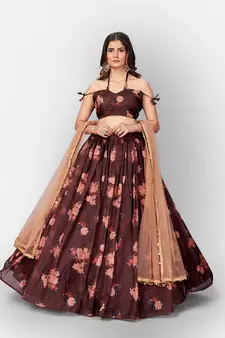 Brown Coloured Semi Stitched Lehenga & Unstitched Blouse with Dupatta