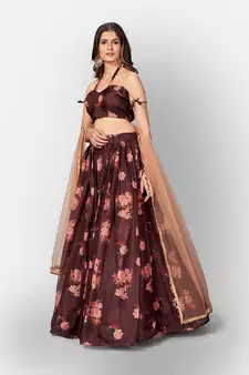 Brown Coloured Semi Stitched Lehenga & Unstitched Blouse with Dupatta