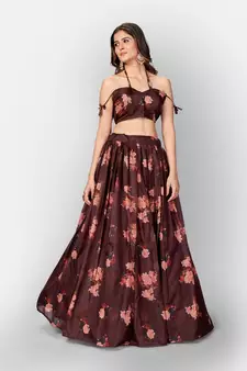 Brown Coloured Semi Stitched Lehenga & Unstitched Blouse with Dupatta