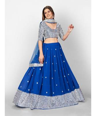 Blue Coloured Semi Stitched Lehenga & Unstitched Blouse with Dupatta 4