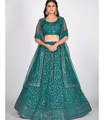 Teal Blue & Steel Embellished Sequinned Semi Stitched Lehenga & Unstitched Blouse With Dupatta