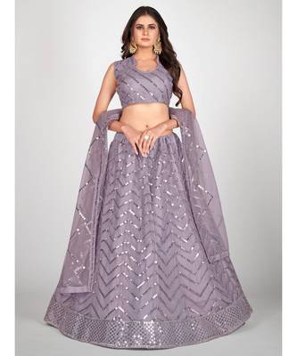 Mauve & Steel Embellished Sequinned Semi Stitched Lehenga & Unstitched Blouse With Dupatta 1