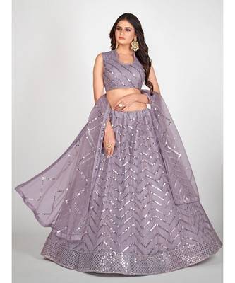 Mauve & Steel Embellished Sequinned Semi Stitched Lehenga & Unstitched Blouse With Dupatta 3