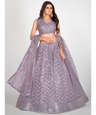 Mauve & Steel Embellished Sequinned Semi Stitched Lehenga & Unstitched Blouse With Dupatta 4