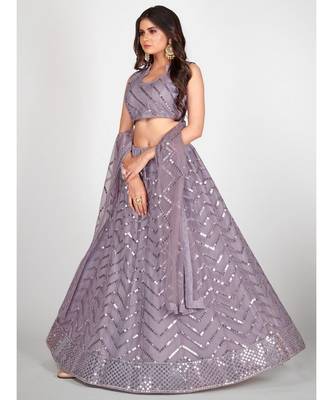 Mauve & Steel Embellished Sequinned Semi Stitched Lehenga & Unstitched Blouse With Dupatta 5