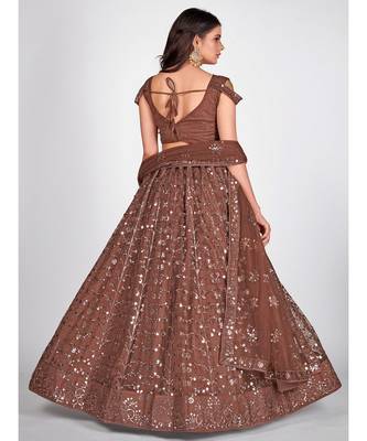Brown & Steel Embellished Sequinned Semi Stitched Lehenga & Unstitched Blouse With Dupatta 2