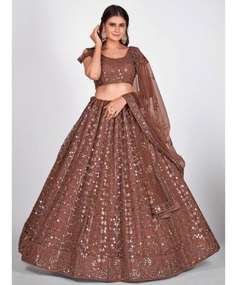 Brown & Steel Embellished Sequinned Semi Stitched Lehenga & Unstitched Blouse With Dupatta 3