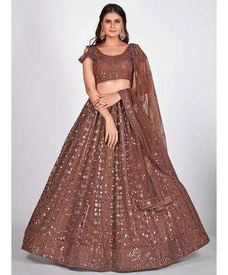 Brown & Steel Embellished Sequinned Semi Stitched Lehenga & Unstitched Blouse With Dupatta 4