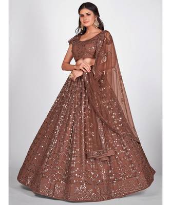 Brown & Steel Embellished Sequinned Semi Stitched Lehenga & Unstitched Blouse With Dupatta 5