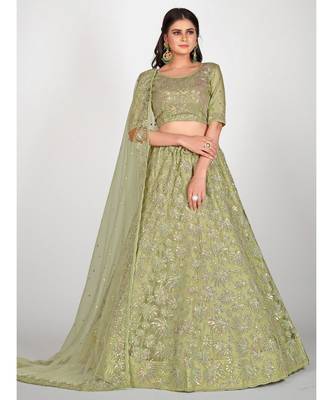 Sea Green & Golden Embroidered With Sequinned Semi Stitched Lehenga & Unstitched Blouse with Dupatta 1