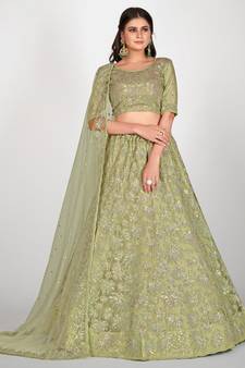 Sea Green & Golden Embroidered With Sequinned Semi Stitched Lehenga & Unstitched Blouse with Dupatta