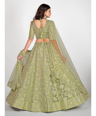 Sea Green & Golden Embroidered With Sequinned Semi Stitched Lehenga & Unstitched Blouse with Dupatta 2