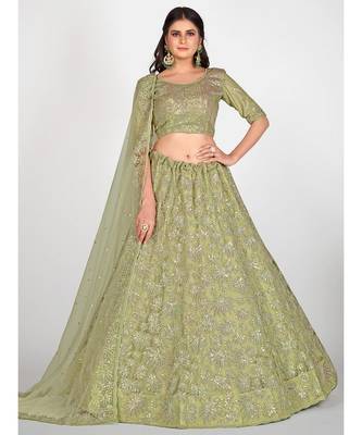 Sea Green & Golden Embroidered With Sequinned Semi Stitched Lehenga & Unstitched Blouse with Dupatta 3