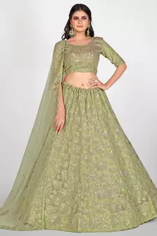 Sea Green & Golden Embroidered With Sequinned Semi Stitched Lehenga & Unstitched Blouse with Dupatta