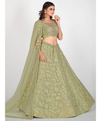 Sea Green & Golden Embroidered With Sequinned Semi Stitched Lehenga & Unstitched Blouse with Dupatta 4
