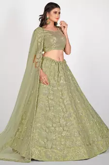Sea Green & Golden Embroidered With Sequinned Semi Stitched Lehenga & Unstitched Blouse with Dupatta