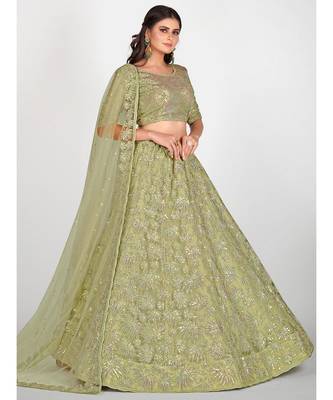 Sea Green & Golden Embroidered With Sequinned Semi Stitched Lehenga & Unstitched Blouse with Dupatta 5