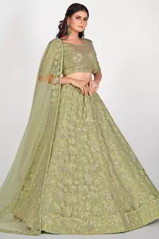 Sea Green & Golden Embroidered With Sequinned Semi Stitched Lehenga & Unstitched Blouse with Dupatta