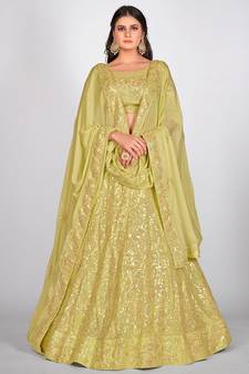 Yellow & Golden Sequinned Semi Stitched Lehenga & Unstitched Blouse with Dupatta