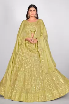 Yellow & Golden Sequinned Semi Stitched Lehenga & Unstitched Blouse with Dupatta