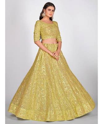 Yellow & Golden Sequinned Semi Stitched Lehenga & Unstitched Blouse with Dupatta 5