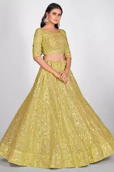 Yellow & Golden Sequinned Semi Stitched Lehenga & Unstitched Blouse with Dupatta